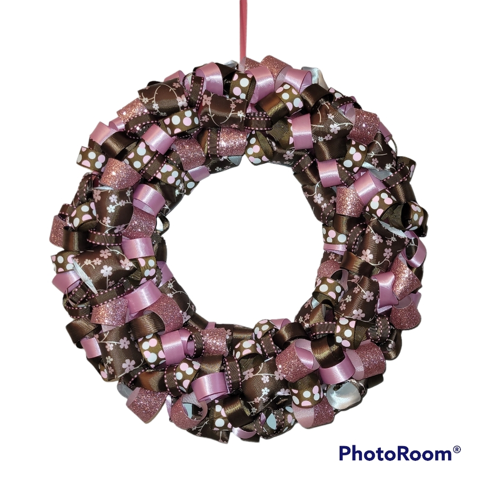 Ribbon Loop Wreath Floral Brown and Pink
